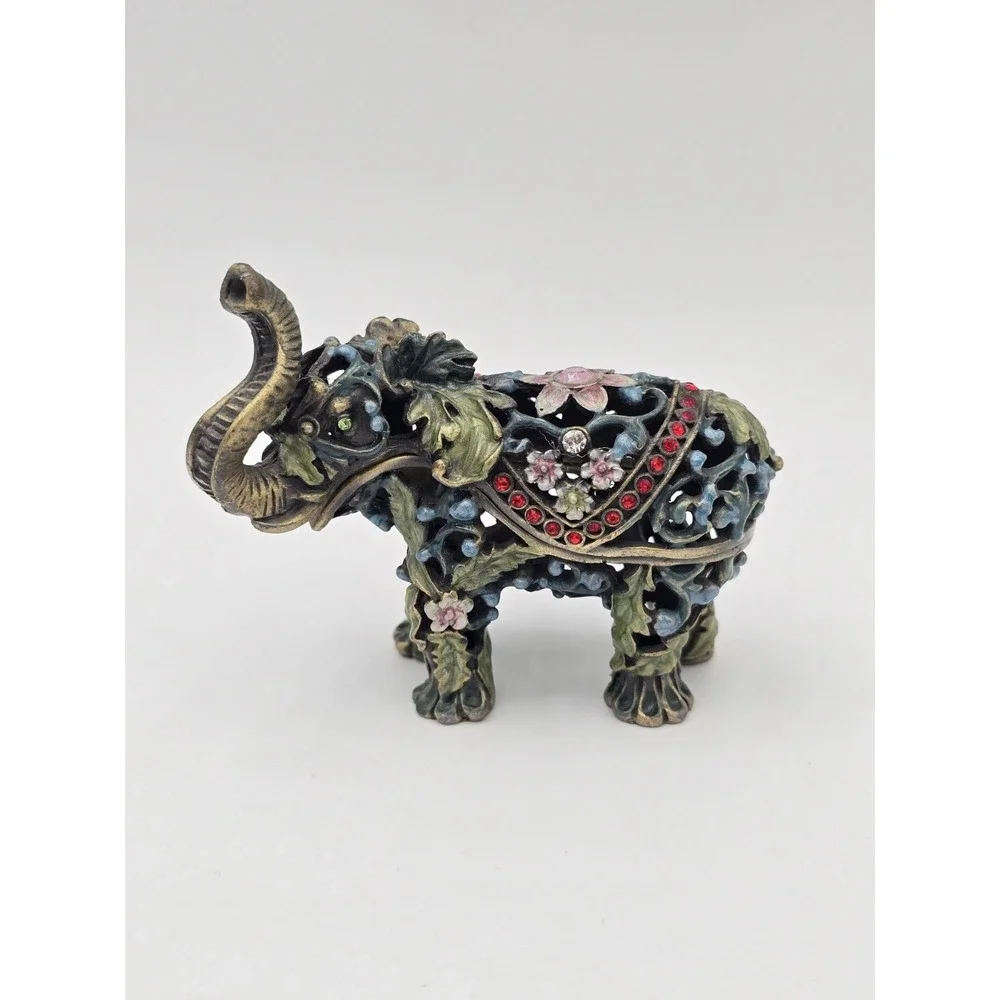 Elephant Ornate Hinged Trinket Box Figurine With Jewelry Charm Jeweled Enamel